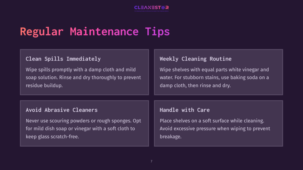 7 Regular Maintenance Tips Infographic With The Title &Quot;Regular Maintenance Tips&Quot; And Four Sections: &Quot;Clean Spills Immediately,&Quot; &Quot;Weekly Cleaning Routine,&Quot; &Quot;Avoid Abrasive Cleaners,&Quot; And &Quot;Handle With Care,&Quot; Offering Advice For Maintaining Clean Surfaces.