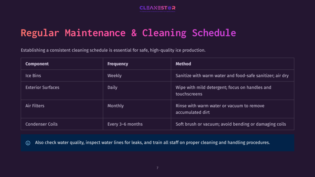 A Dark Purple Graphic Displays A Table Titled &Quot;Regular Maintenance &Amp; Cleaning Schedule&Quot; For Ice Production. It Lists Components Like Ice Bins, Exterior Surfaces, Air Filters, And Condenser Coils With Their Corresponding Cleaning Frequencies And Methods.