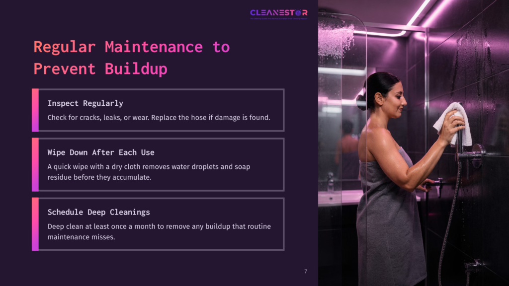 7 Regular Maintenance To Prevent Buildup A Woman In A Towel Wipes Down A Modern Shower Fixture With A White Cloth, Demonstrating Regular Shower Maintenance. The Image Highlights Shower Cleaning Tips.