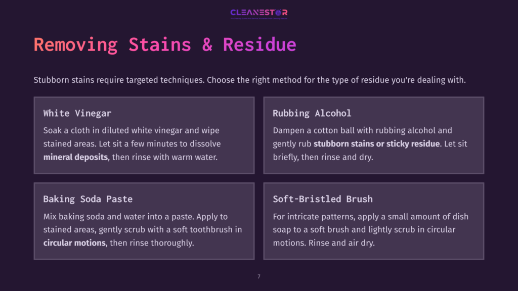 Infographic Titled &Quot;Removing Stains &Amp; Residue&Quot; With Four Sections: White Vinegar For Mineral Deposits, Rubbing Alcohol For Stubborn Stains Or Sticky Residue, Baking Soda Paste For General Stains With Circular Motions, And Soft-Bristled Brush For Intricate Patterns.
