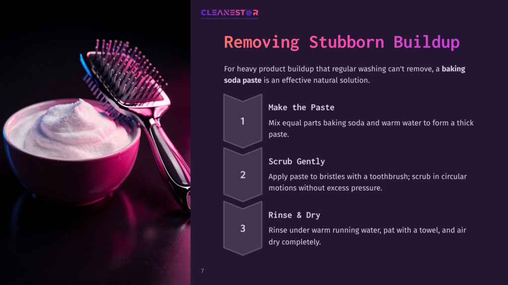 7 Removing Stubborn Buildup A Close-Up Of A Bright Pink Bowl Filled With A Fluffy White Paste, Possibly Baking Soda, Next To A Black Hairbrush. The Image Illustrates A Diy Cleaning Paste Recipe, With Text Overlaying The Right Side Detailing Steps For Removing Stubborn Buildup.