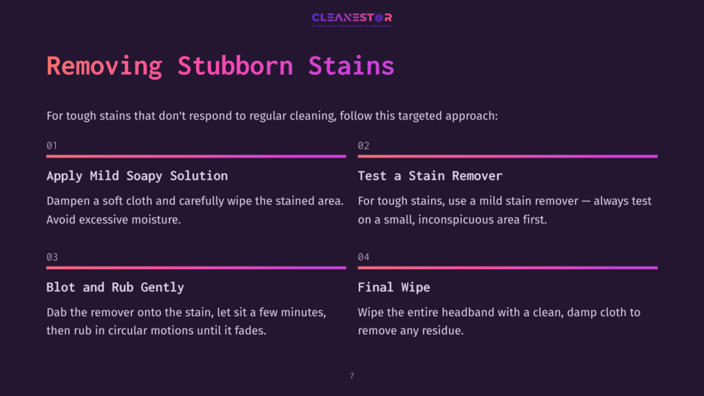 Cleanestor Logo And Instructions For Removing Stubborn Stains: Apply Mild Soapy Solution, Test A Stain Remover, Blot And Rub Gently, And Final Wipe. Instructions Are Presented In Numbered Steps With Purple And Pink Accents.