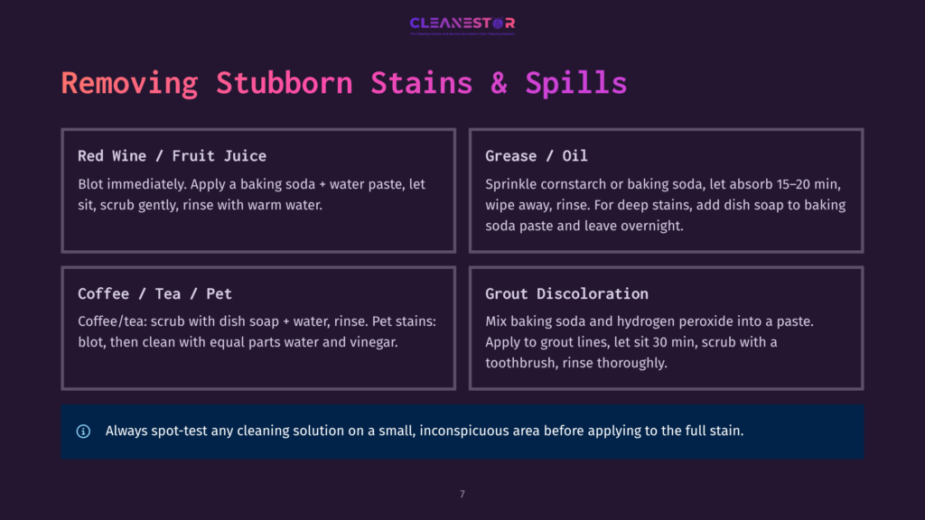 7 Removing Stubborn Stains And Spills Infographic Titled &Quot;Removing Stubborn Stains &Amp; Spills&Quot; By Cleanestor, Detailing Cleaning Solutions For Red Wine, Oil, Coffee, Tea, And Grout Discoloration.