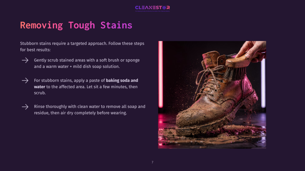 A Hand Scrubs Mud And Dirt Off A Brown Leather Boot With A Brush, Demonstrating How To Remove Tough Stains.