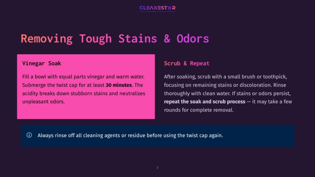 A Slide Titled &Quot;Removing Tough Stains &Amp; Odors&Quot; From A Cleaning Service Presentation. It Shows Instructions For A Vinegar Soak And Scrub Method, With Text Detailing The Steps And Duration.