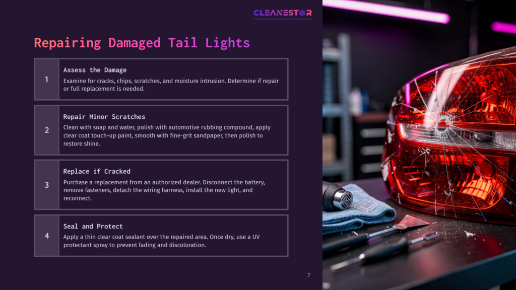 7 Repairing Damaged Tail Lights Close-Up Of A Cracked Car Tail Light With A Repair Guide Overlay, Showing Steps For &Quot;Repairing Damaged Tail Lights,&Quot; Including Assessing Damage, Repairing Minor Scratches, Replacing If Cracked, And Sealing And Protecting.
