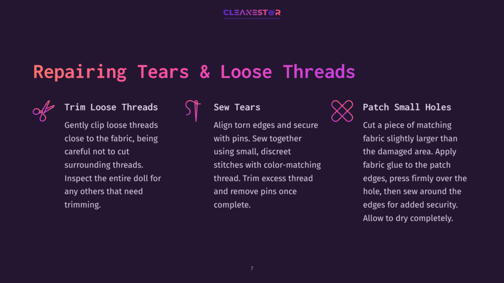 Repairing Tears And Loose Threads On A Doll: Step-By-Step Guide With Icons For Trimming Loose Threads, Sewing Tears, And Patching Small Holes.