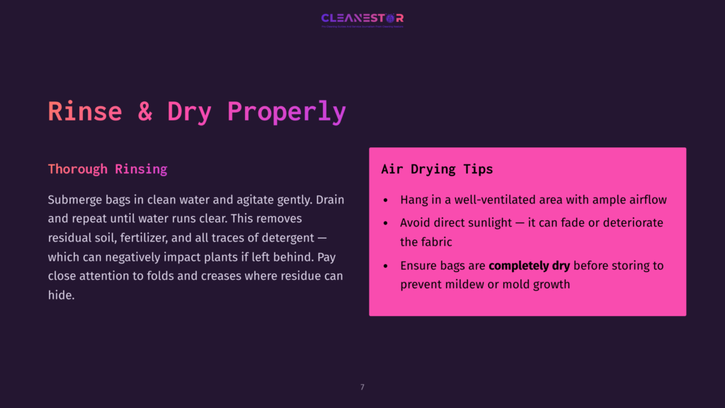 7 Rinse And Dry Properly Dark Purple Slide With Text &Quot;Rinse &Amp; Dry Properly&Quot; And &Quot;Thorough Rinsing&Quot; With Bullet Points. A Pink Box Has &Quot;Air Drying Tips&Quot; And Bullet Points About Hanging Bags In A Well-Ventilated Area And Avoiding Direct Sunlight.