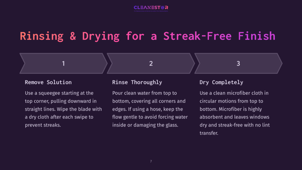 Infographic Titled &Quot;Rinsing &Amp; Drying For A Streak-Free Finish&Quot; With Three Steps: 1. Remove Solution, 2. Rinse Thoroughly, 3. Dry Completely, Detailing Window Cleaning Techniques.
