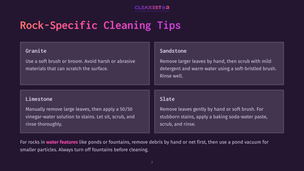 Infographic Titled &Quot;Rock-Specific Cleaning Tips&Quot; With Sections For Granite, Sandstone, Limestone, And Slate, Offering Cleaning Advice.