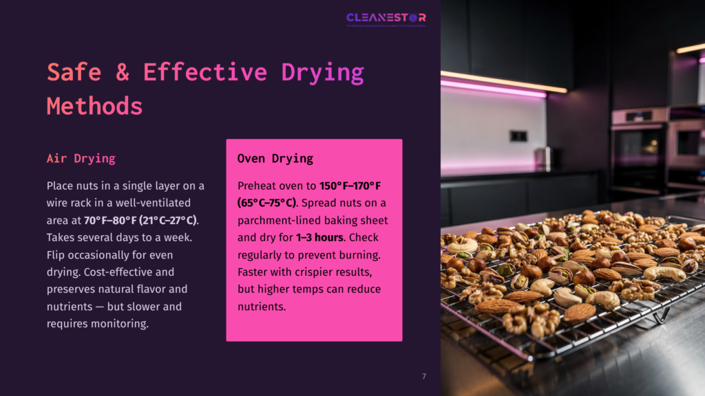 A Rack Of Assorted Nuts, Including Almonds, Walnuts, And Cashews, Is Displayed On A Black Cooling Rack In A Modern Kitchen. The Text &Quot;Cleanestor&Quot; Is Visible At The Top Of The Slide, Along With &Quot;Safe &Amp; Effective Drying Methods&Quot; And &Quot;Oven Drying&Quot; Instructions.