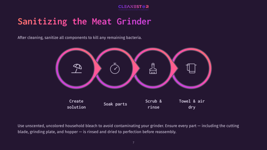 Diagram Illustrating How To Sanitize A Meat Grinder: Create Solution, Soak Parts, Scrub &Amp; Rinse, And Towel &Amp; Air Dry. Text Reads &Quot;Cleanestor&Quot; And &Quot;Sanitizing The Meat Grinder.