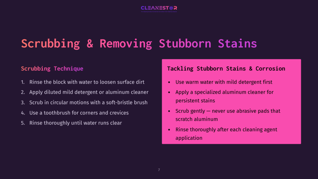 A Presentation Slide Titled &Quot;Scrubbing &Amp; Removing Stubborn Stains&Quot; With Two Columns: &Quot;Scrubbing Technique&Quot; Listing 5 Steps And &Quot;Tackling Stubborn Stains &Amp; Corrosion&Quot; Listing 3 Steps. The Background Is Dark Purple With Pink Text Boxes.