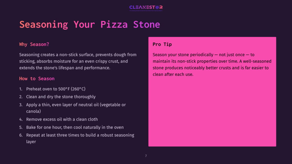 A Dark Purple Background With The Text &Quot;Cleanestor&Quot; At The Top. The Main Text Reads &Quot;Seasoning Your Pizza Stone&Quot; In Large White Lettering, With &Quot;Why Season?&Quot; And &Quot;How To Season&Quot; Sections Detailing The Benefits And Steps For Seasoning A Pizza Stone.