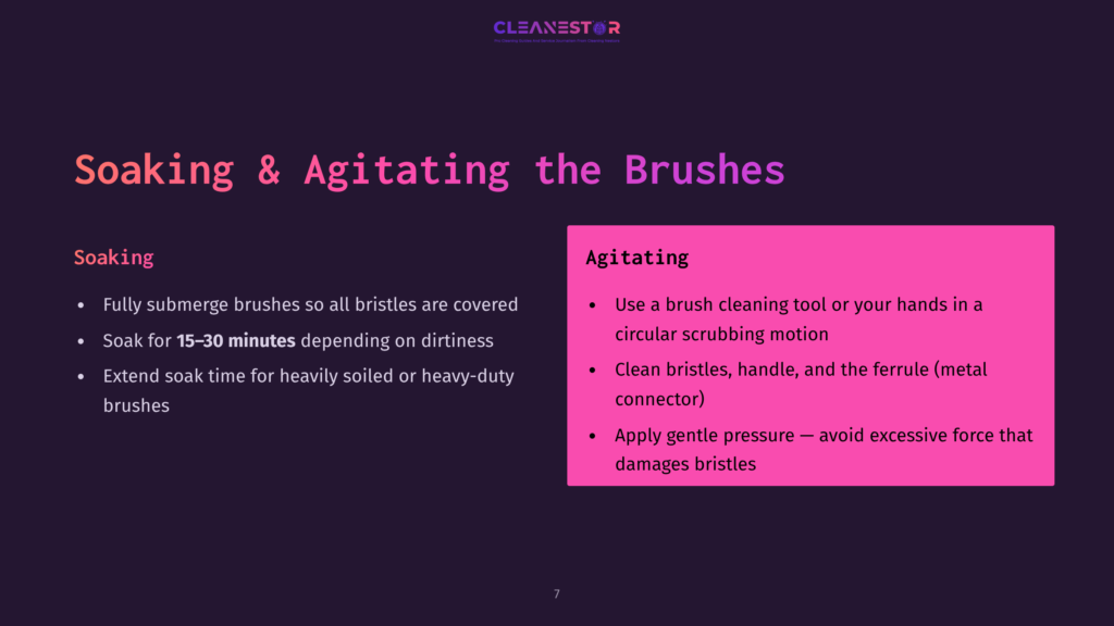 Slide Titled &Quot;Soaking &Amp; Agitating The Brushes&Quot; With Sections On &Quot;Soaking&Quot; And &Quot;Agitating&Quot; Brushes, Detailing Cleaning Steps Like Submerging Bristles And Using A Scrubbing Motion For Dirt Removal.