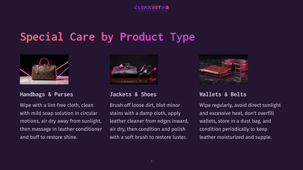 Three Product Categories: Handbags &Amp; Purses, Jackets &Amp; Shoes, And Wallets &Amp; Belts, Each With A Visually Appealing Product Image And Care Instructions. Text Reads &Quot;Special Care By Product Type&Quot; And &Quot;Cleanestor&Quot;.