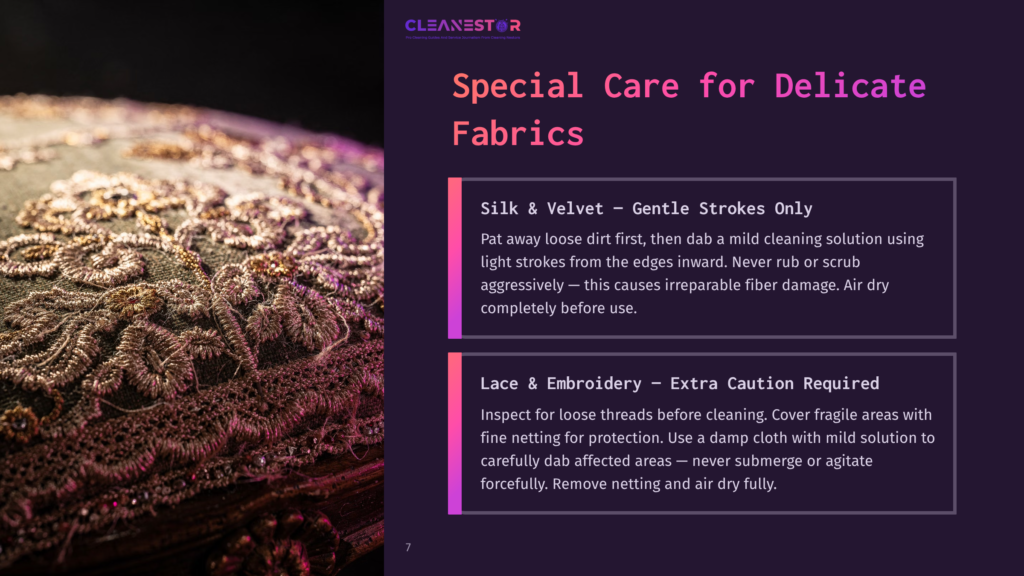 Close-Up Of Dark, Textured Fabric With Intricate Gold Embroidery, Possibly Silk Or Velvet, Illuminated By Warm Light. Text Overlay Reads &Quot;Cleanestor&Quot; And &Quot;Special Care For Delicate Fabrics.