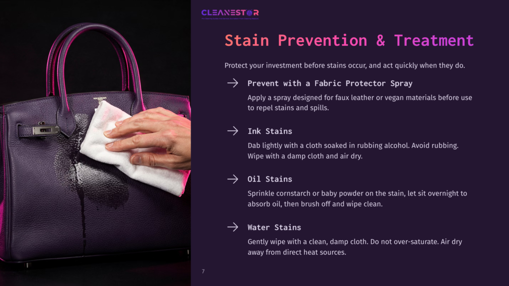 7 Stain Prevention And Treatment A Hand Gently Wipes A Dark Purple Leather Handbag With A White Cloth, Showing Stain Prevention And Treatment Tips From Cleanestor. The Image Features Text About Preventing Ink, Oil, And Water Stains.