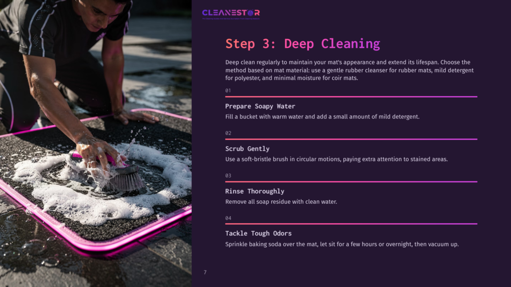 Man Cleaning A Black And Pink Doormat With A Brush And Soap Suds, Demonstrating Deep Cleaning For Coir Mats.