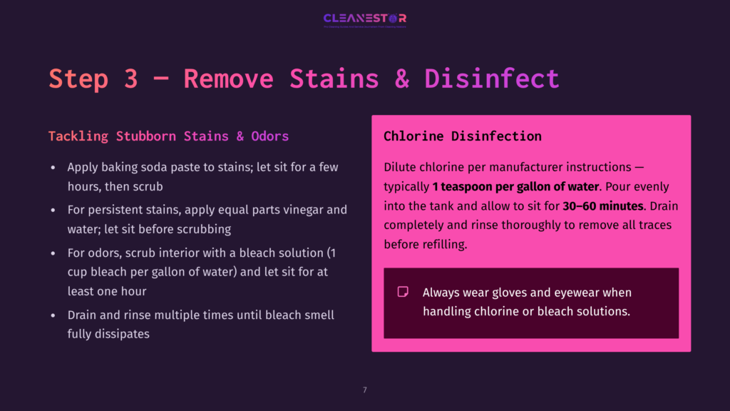 Slide 3: Remove Stains &Amp; Disinfect. Left Side Details Cleaning Methods For Stubborn Stains Using Baking Soda, Vinegar, And Bleach Solutions. Right Side Provides Instructions For Chlorine Disinfection, Including Dilution And Safety Precautions.