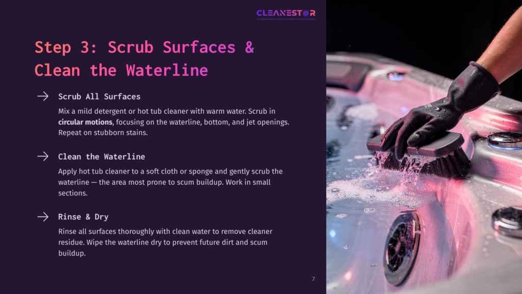 7 Step 3 Scrub Surfaces And Clean The Waterline Person In Black Gloves Scrubbing A Hot Tub Waterline With A Brush, Creating Foamy Bubbles. Step 3: Scrub Surfaces &Amp; Clean The Waterline.