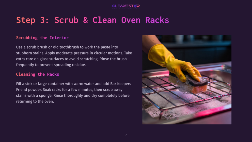 A Gloved Hand Scrubs A Greasy Oven Rack In A Sink Filled With Soapy Water, Part Of A Guide On How To Clean Oven Racks.