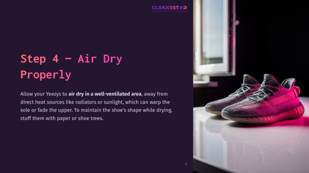 7 Step 4 Air Dry Properly Step 4 - Air Dry Properly Text Overlaying A Dark Purple Background, With A Pair Of Yeezy Sneakers On A Reflective Surface In The Background, Lit By Pink And Blue Light.