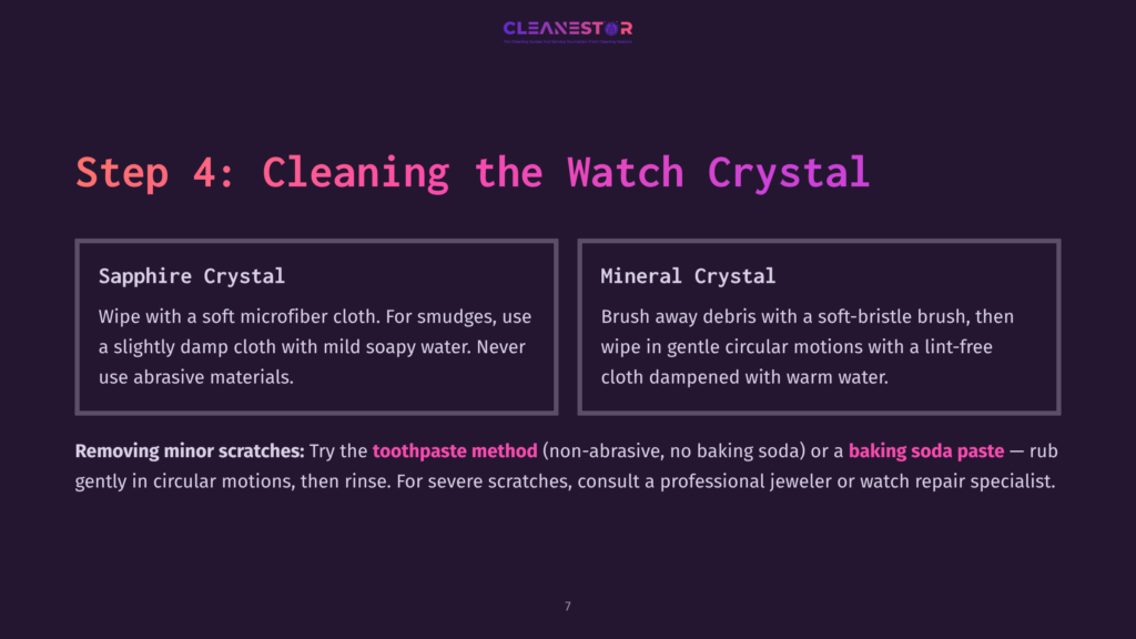 7 Step 4 Cleaning The Watch Crystal Step 4: Cleaning The Watch Crystal. Two Sections Detail Cleaning Methods For Sapphire Crystal And Mineral Crystal Watch Faces, Including Instructions For Removing Minor Scratches With Toothpaste Or Baking Soda Paste.