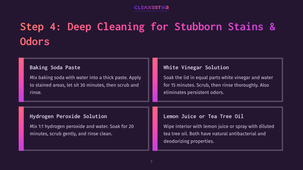 Step 4: Deep Cleaning For Stubborn Stains &Amp; Odors. Includes Instructions For Baking Soda Paste, White Vinegar Solution, Hydrogen Peroxide Solution, And Lemon Juice Or Tea Tree Oil.