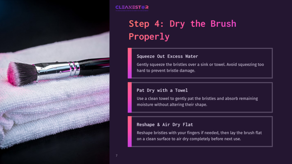 Step 4: Dry The Brush Properly. A Clean Makeup Brush With Pink Bristles Rests On A Fluffy White Towel, Ready For Air Drying.