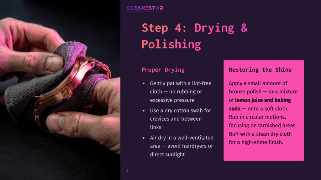 Hands Gently Polish A Rose Gold Watch With A Gray Cloth, Illustrating Proper Drying And Polishing Techniques For Restoring Shine.