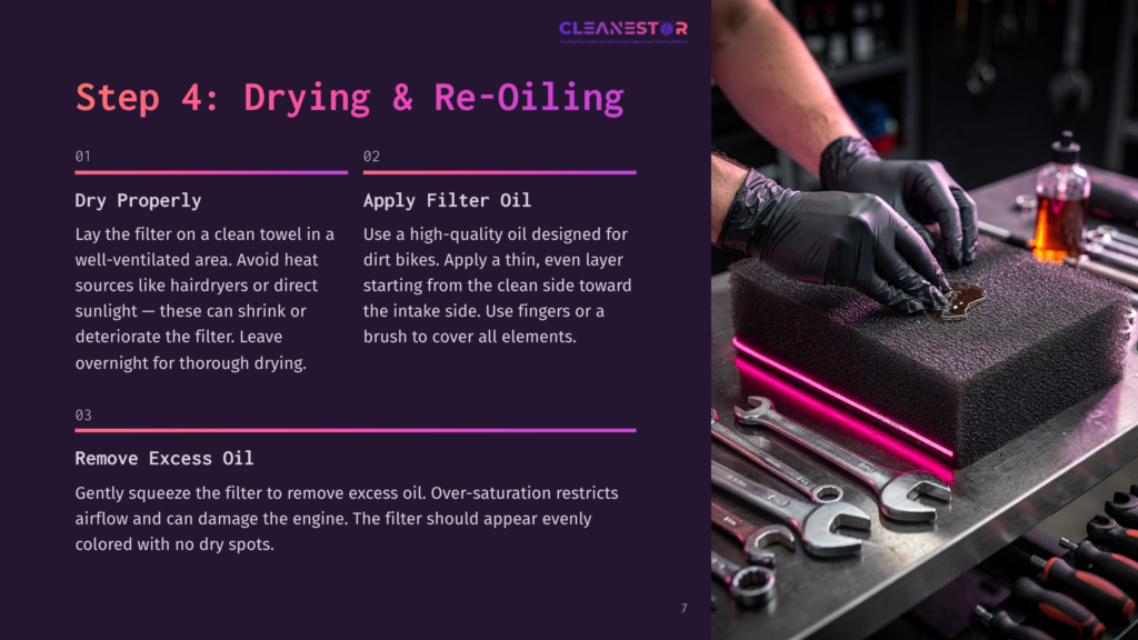 Step 4: Drying &Amp; Re-Oiling Motorcycle Air Filter. Hands In Black Gloves Apply Filter Oil To A Clean, Dry Foam Filter On A Workbench With Tools.