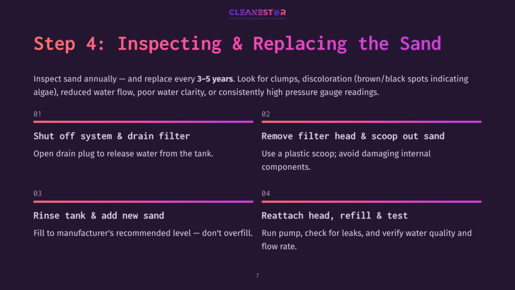 Step 4: Inspecting &Amp; Replacing The Sand. Instructions For Pool Filter Sand Maintenance: Shut Off System, Remove Filter Head, Rinse Tank, And Reattach Head. Pool Sand Filter Care Guide.