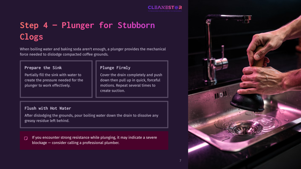 7 Step 4 Plunger For Stubborn Clogs Step 4: Plunger For Stubborn Clogs. Hands Firmly Push A Plunger Into A Kitchen Sink Drain, With Water And The Cleanestor Logo Visible.
