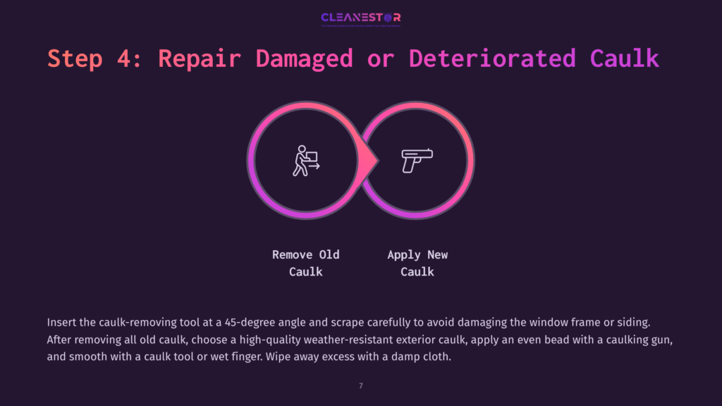 7 Step 4 Repair Damaged Or Deteriorated Caulk Step 4: Repair Damaged Or Deteriorated Caulk. Icons Depict Removing Old Caulk And Applying New Caulk, With Text Guiding The Process.