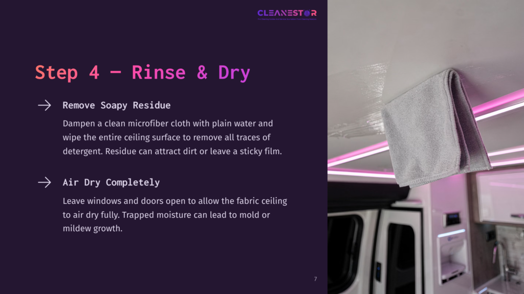 Close-Up Of A Microfiber Cloth Wiping A White Ceiling, Part Of A Cleaning Process. Text Overlay: &Quot;Step 4 - Rinse &Amp; Dry&Quot;, &Quot;Remove Soapy Residue&Quot;, &Quot;Air Dry Completely&Quot;.