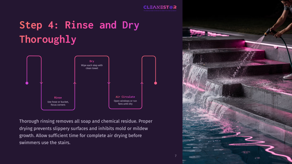 Step 4: Rinse And Dry Thoroughly. A Person Rinses A Wet, Modern Outdoor Staircase With Pink Led Lights, As Part Of A Cleaning Process.