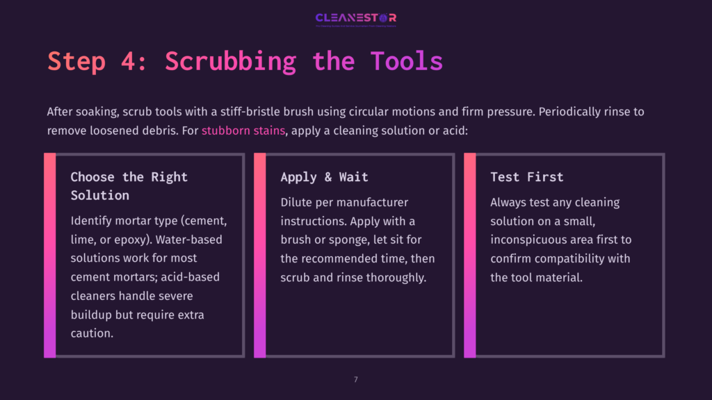 Step 4: Scrubbing The Tools. Instructions On Cleaning Tools After Soaking, Including Scrubbing With A Stiff-Bristle Brush And Rinsing, With Sections On Choosing The Right Solution, Applying It, And Testing First.