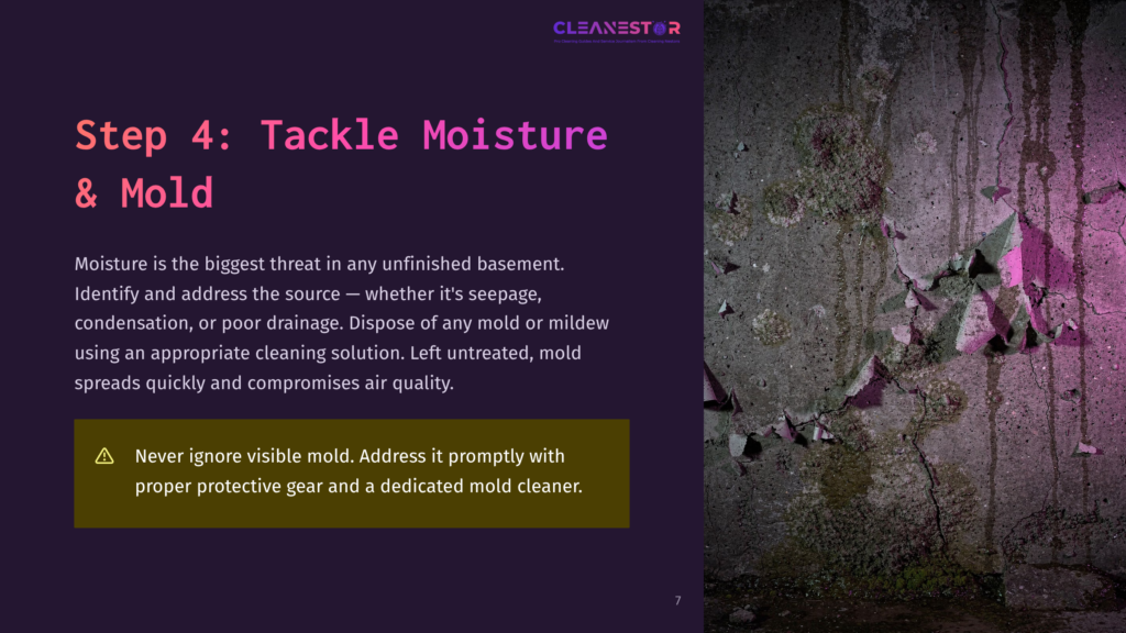 Close-Up Of A Damp, Textured Concrete Wall With Peeling Paint And Green Mold. Pink Light Illuminates The Scene, Highlighting The Decay And Moisture Damage. Text Overlay Reads: &Quot;Step 4: Tackle Moisture &Amp; Mold.