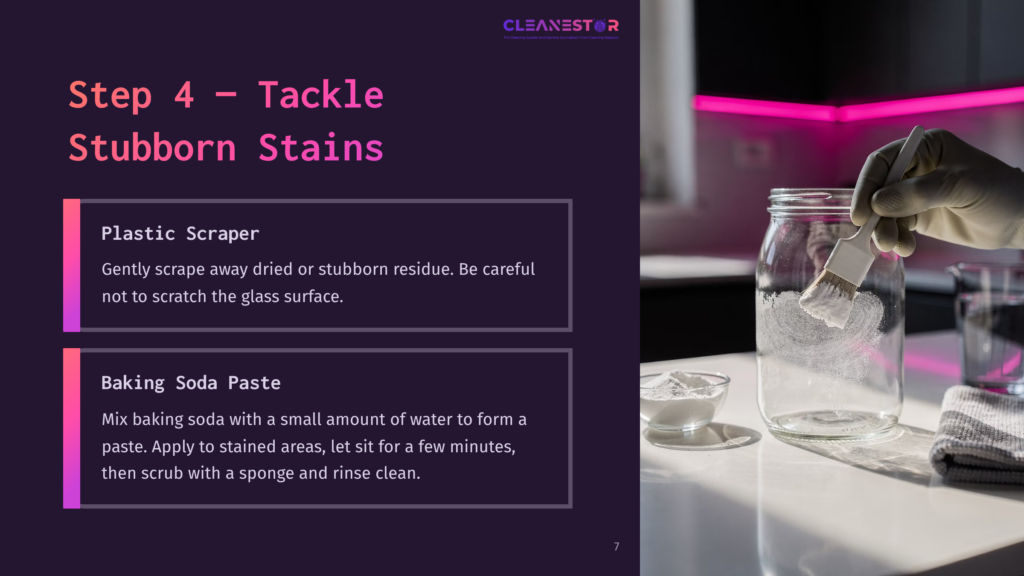 Step 4: Tackle Stubborn Stains. A Gloved Hand Uses A Brush To Apply A White Paste To The Inside Of A Clear Glass Jar, With A Small Bowl Of Baking Soda And A Cloth Nearby.