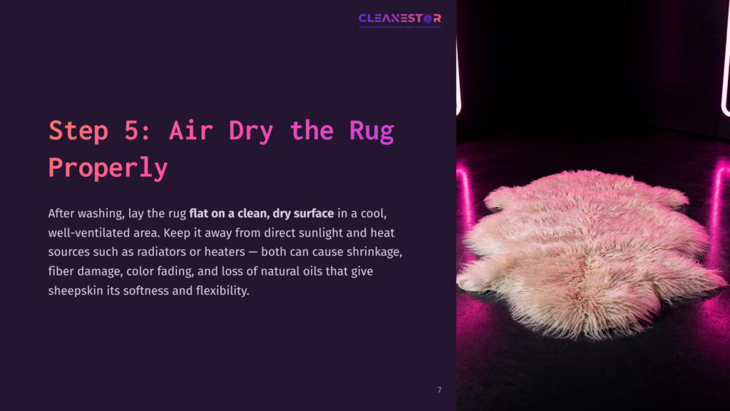 A Pink Sheepskin Rug Lies Flat On A Black Surface, Illuminated By Pink Lights, With A Backdrop Of Purple And Black, Under The Text &Quot;Step 5: Air Dry The Rug Properly.