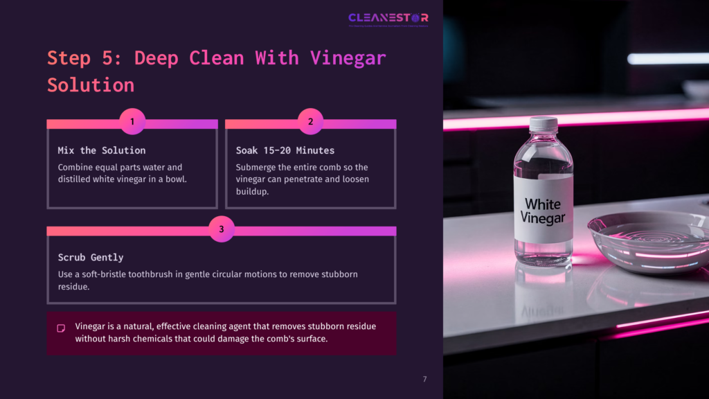 7 Step 5 Deep Clean With Vinegar Solution Step 5 Of A Cleaning Guide Shows A Bottle Of White Vinegar And A Comb On A Countertop, With Instructions To Mix Equal Parts Water And Vinegar, Soak The Comb For 15-20 Minutes, And Scrub With A Toothbrush.