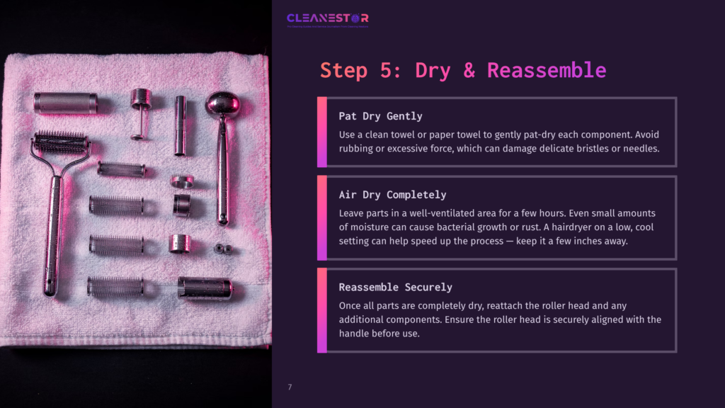 Disassembled Facial Roller And Attachments Laid Out On A Pink Towel, Ready For Cleaning And Drying. Step 5: Dry &Amp; Reassemble Instructions Provided.
