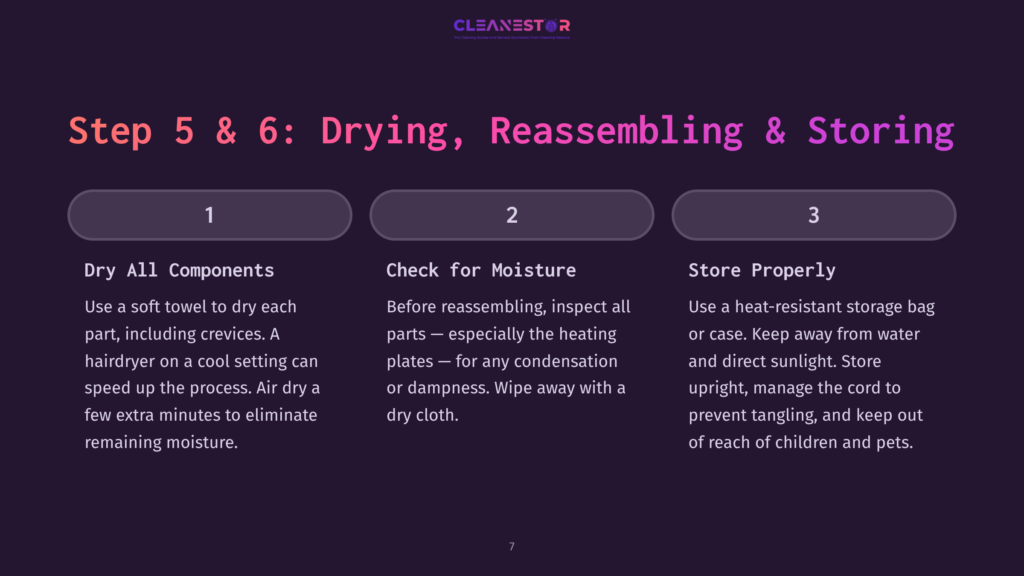 7 Step 5 And 6 Drying Reassembling And Storing Cleanestor Logo Above Steps 5 &Amp; 6: Drying, Reassembling &Amp; Storing. Includes Steps For Drying Components, Checking For Moisture, And Proper Storage For Hair Dryers.