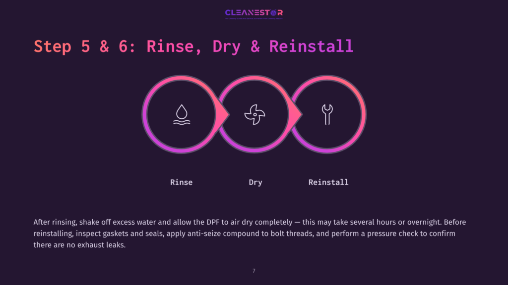 Infographic Detailing The Final Steps Of Dpf Cleaning: Rinse, Dry, Reinstall. Cleanestor Logo At The Top.