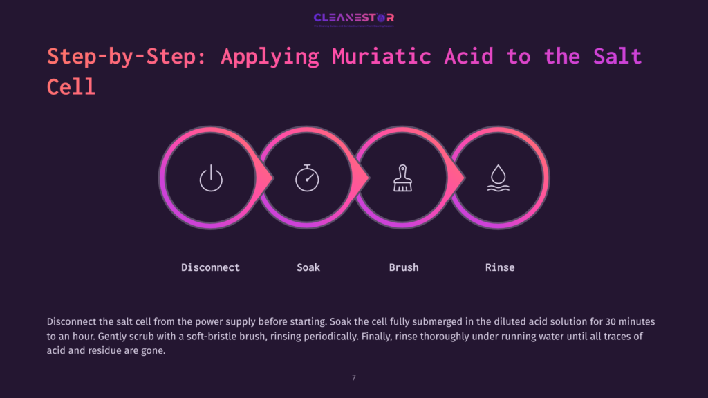Step-By-Step Guide: Applying Muriatic Acid To A Salt Cell, Showing Icons For Disconnect, Soak, Brush, And Rinse. Includes Text: &Quot;Disconnect&Quot;, &Quot;Soak&Quot;, &Quot;Brush&Quot;, &Quot;Rinse&Quot;.
