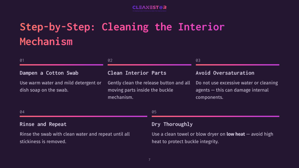 Step-By-Step Guide To Cleaning Car Interior Mechanisms: Dampen A Cotton Swab With Warm Water And Mild Detergent, Clean Interior Parts, Avoid Over-Saturation, Rinse And Repeat, And Dry Thoroughly On Low Heat.