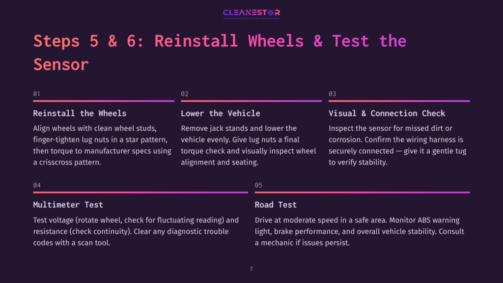 Steps 5 &Amp; 6: Reinstall Wheels &Amp; Test The Sensor. This Graphic Outlines The Steps For Reinstalling Wheels And Testing The Sensor, Including Tightening Lug Nuts, Lowering The Vehicle, Checking The Wiring Harness, And Using A Multimeter.