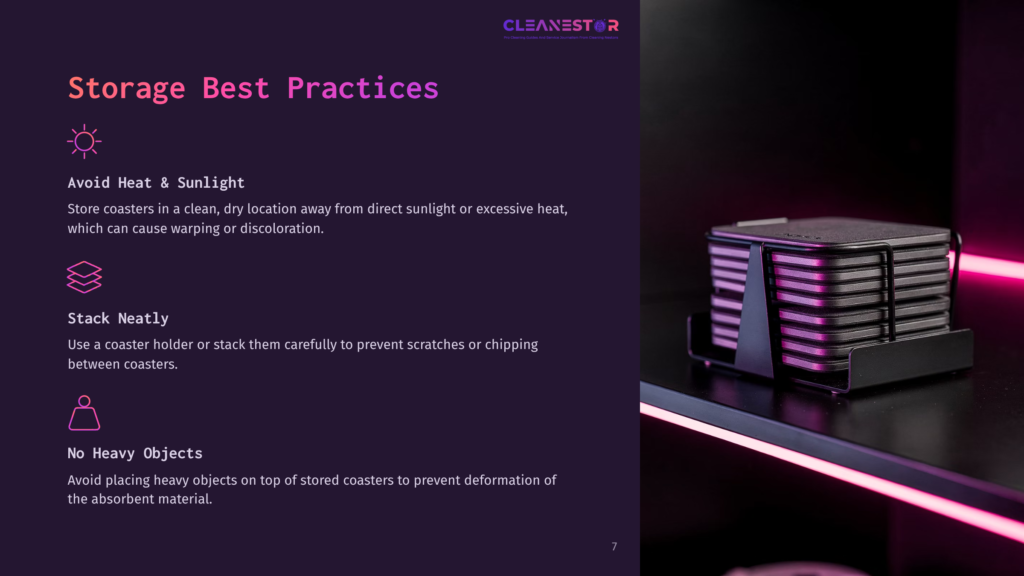 Cleanestor Coasters Stacked Neatly In A Black Holder On A Shelf With Pink Neon Lighting. Text Overlay: Storage Best Practices, Avoid Heat &Amp; Sunlight, Stack Neatly, No Heavy Objects.