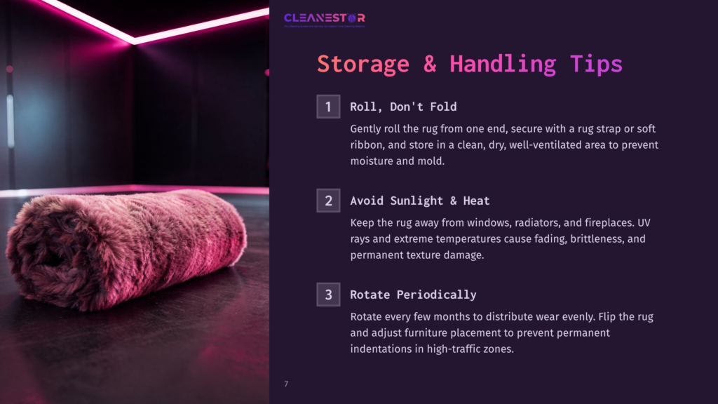 7 Storage And Handling Tips A Rolled-Up, Plush Rug With A Reddish-Brown Hue Rests On A Dark, Reflective Surface, Illuminated By Vibrant Pink And Purple Neon Lights In The Background. The Text &Quot;Cleanestor&Quot; Is Visible At The Top.